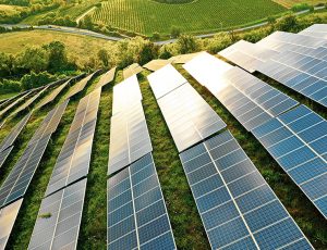 Solar panels fields on the green hills