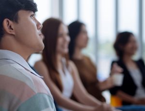 Good listener. Audience of the lecturer in the conference